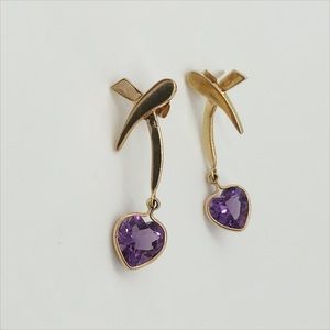 14k yellow gold X earrings with dangling heart amethysts vintage 2.86 g